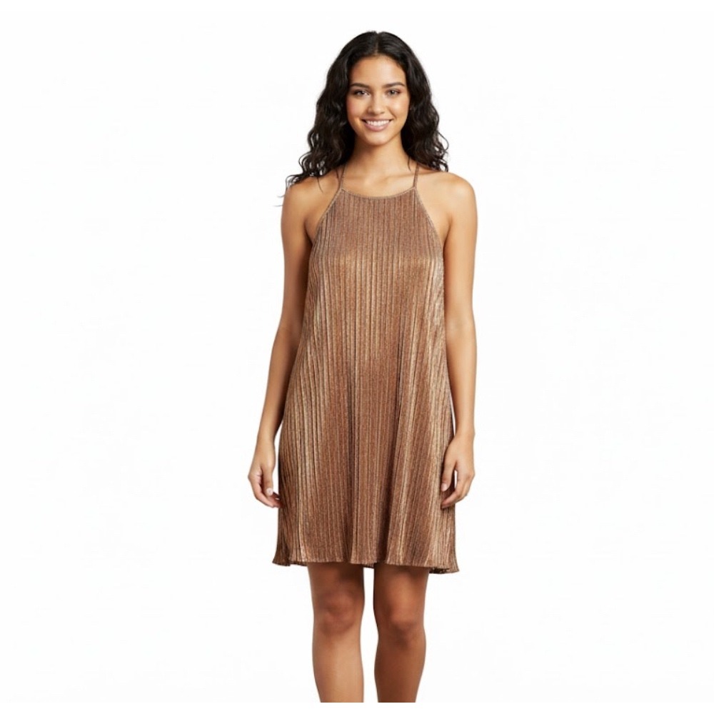 Womens Sm Metallic Pleated Halter Neck Mini Dress Copper Sparkle Party Club Y2K